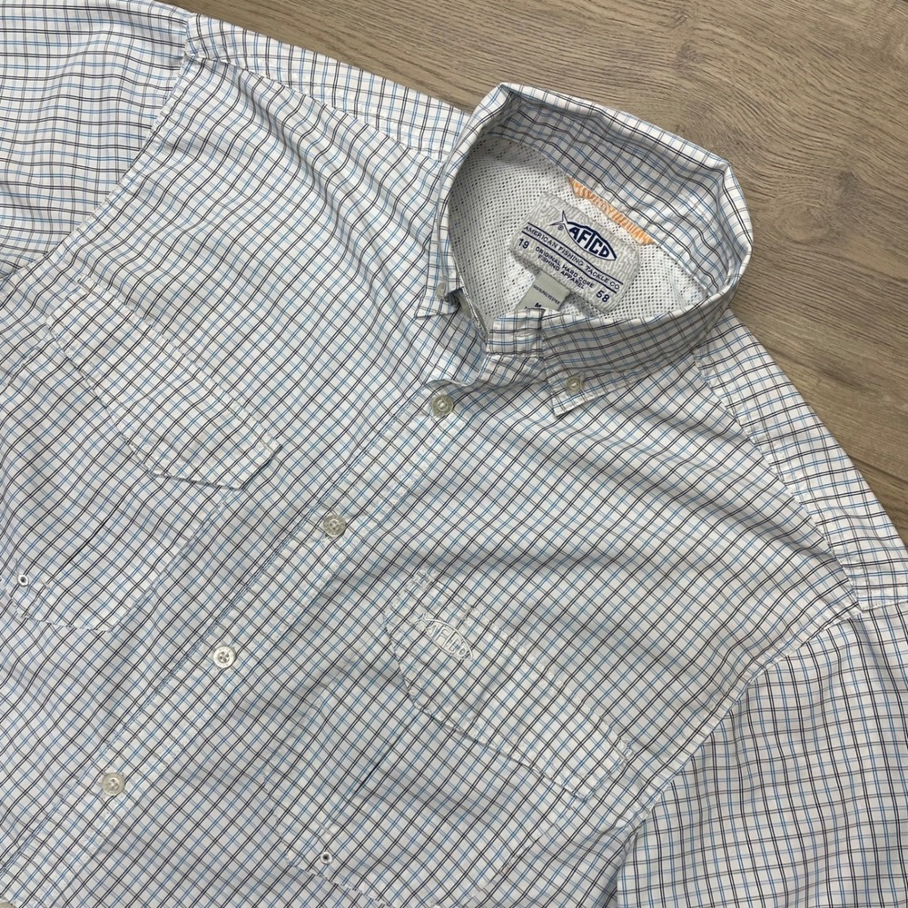 AFTCO Fishing Shirt Mens Medium Blue Plaid Short Sleeve Button Down AFTECH